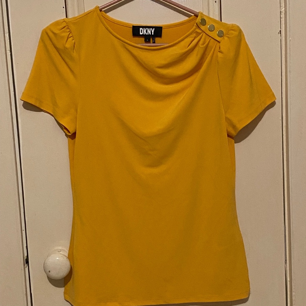 Beautiful vibrant yellow DNKY top with gold coloured embellishments. Size small